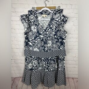 Luna Moon 2 piece cotton‎ top skirt set blue floral maxi skirt, sz XL, GUC